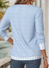 Plaid Light Blue Long Sleeve V Neck T Shirt