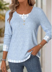 Plaid Light Blue Long Sleeve V Neck T Shirt