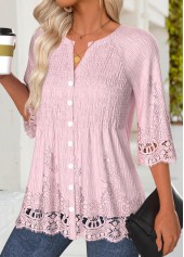Light Pink 3/4 Sleeve Split Neck Blouse