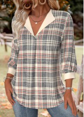Plaid Multi Color 3/4 Sleeve V Neck Shirt