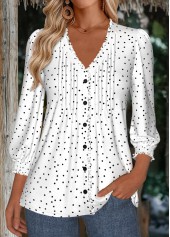 Polka Dot White 3/4 Sleeve V Neck Blouse