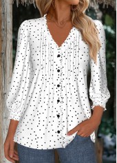 Polka Dot White 3/4 Sleeve V Neck Blouse