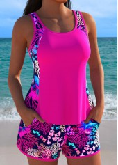 Mid Waisted Marine Life Print Hot Pink Tankini Set