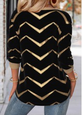 Geometric Print Black Long Sleeve Split Neck Sweatshirt