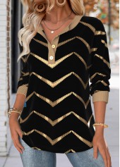 Geometric Print Black Long Sleeve Split Neck Sweatshirt