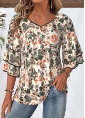 Floral Print Multi Color 3/4 Sleeve T Shirt