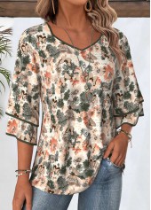 Floral Print Multi Color 3/4 Sleeve T Shirt
