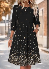 Geometric Print Black 3/4 Sleeve Round Neck Dress
