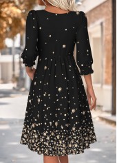 Geometric Print Black 3/4 Sleeve Round Neck Dress