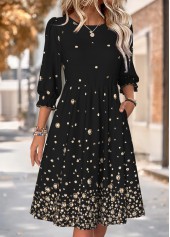 Geometric Print Black 3/4 Sleeve Round Neck Dress