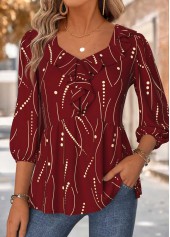 Geometric Print Red 3/4 Sleeve Heart Collar Blouse