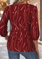 Geometric Print Red 3/4 Sleeve Heart Collar Blouse