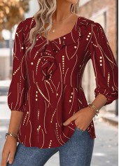 Geometric Print Red 3/4 Sleeve Heart Collar Blouse