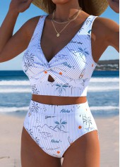 High Waisted Tropical Plants Print Light Blue Bikini Set