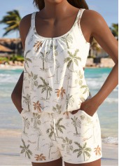 Tropical Plants Print Beige One Piece Swimwear