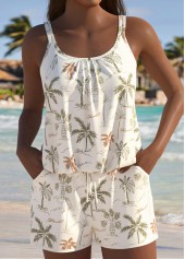 Tropical Plants Print Beige One Piece Swimwear