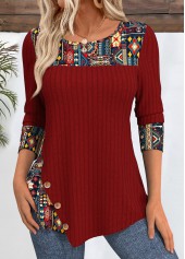 Tribal Print Peacock Blue Round Neck T Shirt