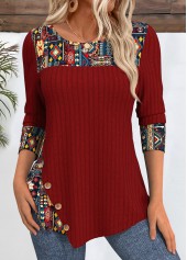 Tribal Print Peacock Blue Round Neck T Shirt