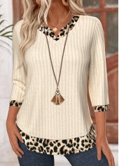 Leopard Beige 3/4 Sleeve V Neck T Shirt