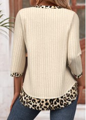 Leopard Beige 3/4 Sleeve V Neck T Shirt