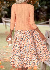 Ditsy Floral Print Orange Long Sleeve Dress and Cardigan