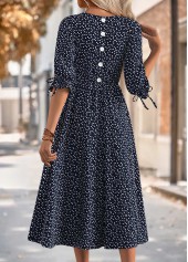 Heart Print Black 3/4 Sleeve Round Neck Dress