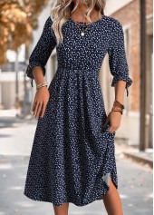 Heart Print Black 3/4 Sleeve Round Neck Dress