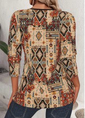 Tribal Print Dark Camel 3/4 Sleeve Split Neck Blouse