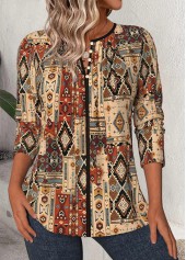 Tribal Print Dark Camel 3/4 Sleeve Split Neck Blouse