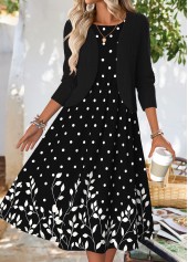Floral Print Tummy Coverage Black Dress and Cardigan