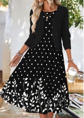 Floral Print Tummy Coverage Black Dress and Cardigan