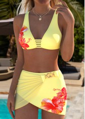 Mid Waisted Floral Print Light Yellow Bikini Set