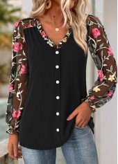 Floral Print Frill Black Long Sleeve V Neck Blouse