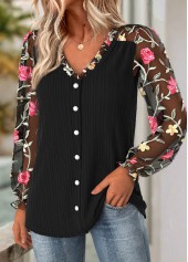 Floral Print Frill Black Long Sleeve V Neck Blouse