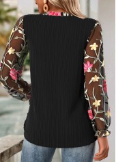 Floral Print Frill Black Long Sleeve V Neck Blouse