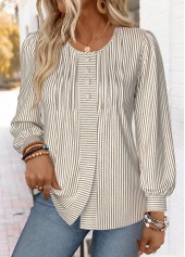 Striped Light Coffee Long Sleeve Round Neck T Shirt
