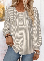 Striped Light Coffee Long Sleeve Round Neck T Shirt