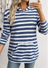 Striped Kangaroo Pocket Blue Long Sleeve Hoodie