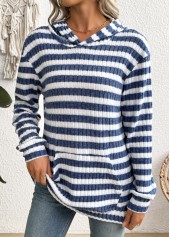Striped Kangaroo Pocket Blue Long Sleeve Hoodie