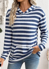 Striped Kangaroo Pocket Blue Long Sleeve Hoodie