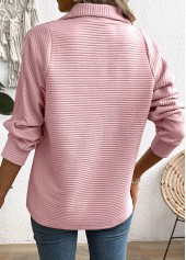 Zipper Pink Long Sleeve Turn Down Collar Sweatshirt