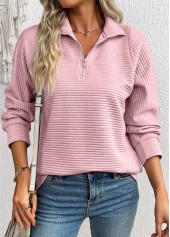 Zipper Pink Long Sleeve Turn Down Collar Sweatshirt