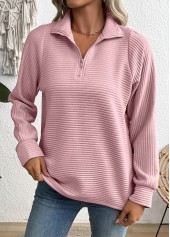 Zipper Pink Long Sleeve Turn Down Collar Sweatshirt