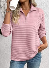 Zipper Pink Long Sleeve Turn Down Collar Sweatshirt