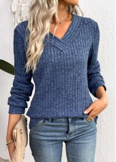 Blue Long Sleeve V Neck Sweatshirt