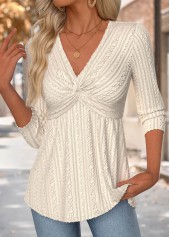 Beige 3/4 Sleeve V Neck T Shirt