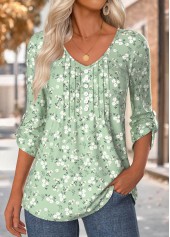 Floral Print Sage Green 3/4 Sleeve V Neck Blouse