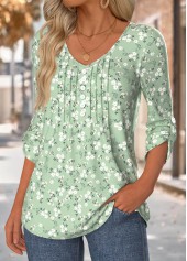 Floral Print Sage Green 3/4 Sleeve V Neck Blouse