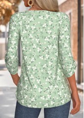 Floral Print Sage Green 3/4 Sleeve V Neck Blouse