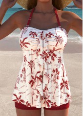 Mid Waisted Tropical Plants Print Wine Red Tankini Set